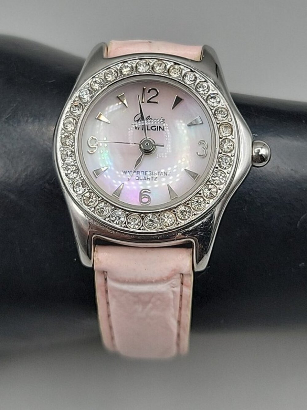 Galaxie Elgin Ladies Quartz Watch 6.5" Pink Leather Band 28mm Bubble MOP W1663 - Picture 10 of 16